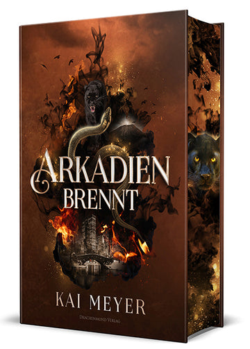 Das Cover zeigt mittig den Titel in Weiß, dahinter sind verschiedene Elemente umgeben von schwarzen Rauchschwaden angedeutet: Ein Gebäude, eine Schlange, ein Panther, Flammen. Das Cover ist dunkel gehalten, die Grundfarbe ist Dunkelrot. Den Farbschnitt ziert ein Panther.